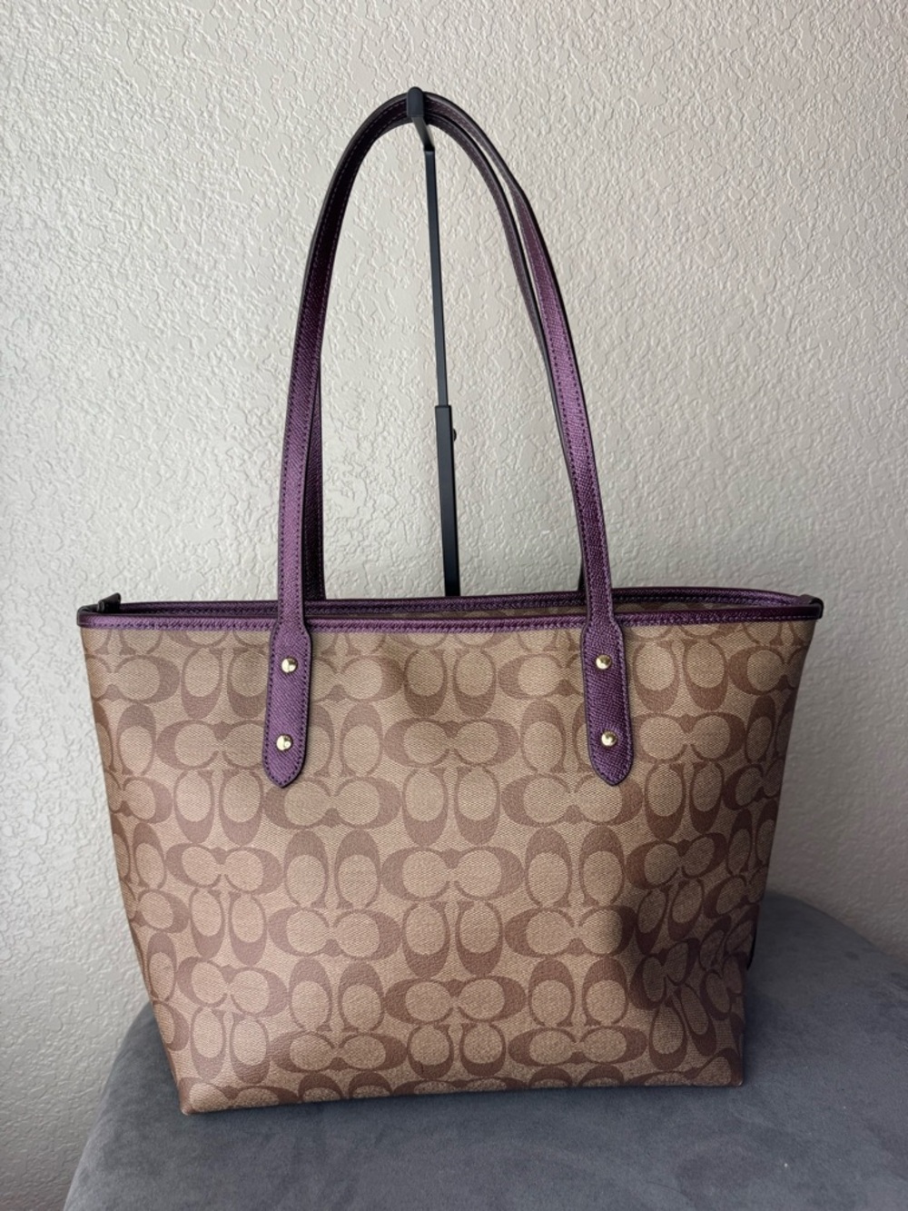 Coach Signature Canvas Tote with Purple Trim - Picture 2 of 13